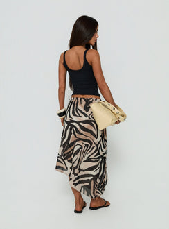 Presenting the Suella Asymmetrical Midi Skirt Zebra womens-skirts with fitted silhouette back view of model wearing Princess Polly