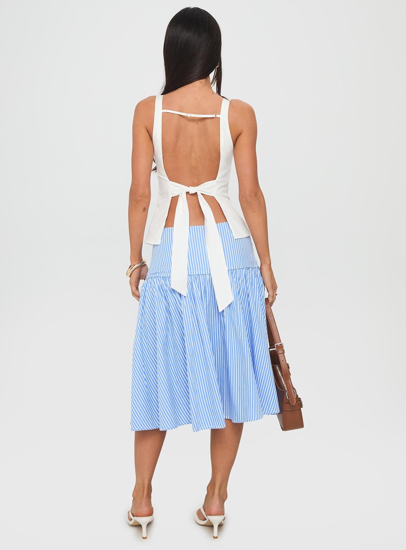 back view of model wearing Princess Polly Raelan Tiered Midi Skirt Blue Stripe Midi Skirts 