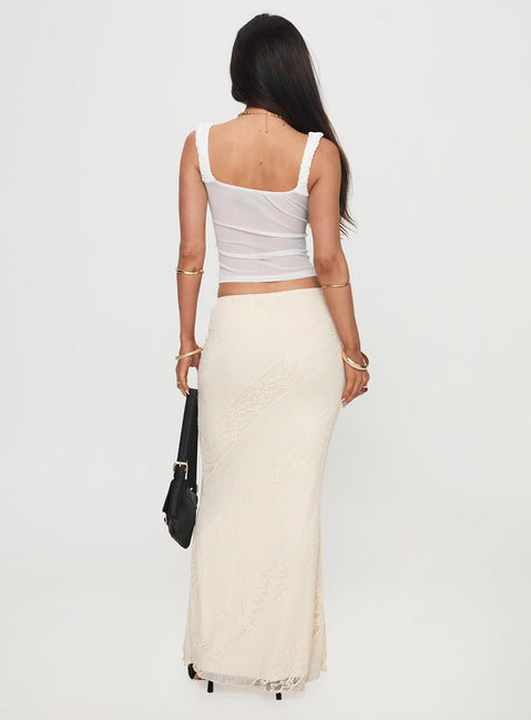 back view of model wearing Princess Polly Gazet Maxi Skirt Cream Maxi 