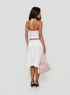 Displaying the Opalie Asymmetrical Midi Skirt White Broderie in womens-skirts with lace hemline back view of model wearing Princess Polly