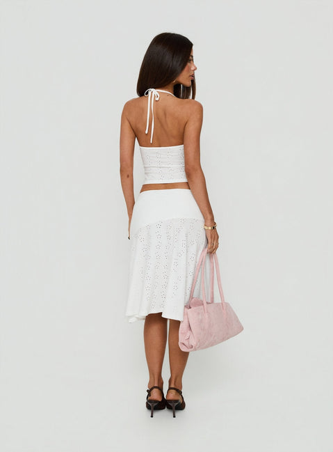 Displaying the Opalie Asymmetrical Midi Skirt White Broderie in womens-skirts with lace hemline back view of model wearing Princess Polly