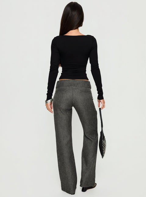 back view of model wearing Princess Polly Karola Asymmetrical Buckle Pants Grey Mid Rise Pants 