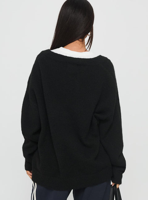 back view of model wearing Princess Polly Stay The Night V Neck Knit Sweater Black 