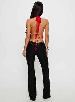 back view of model wearing Princess Polly Yevina Eyelet Flare Pant Black Low Rise Pants 