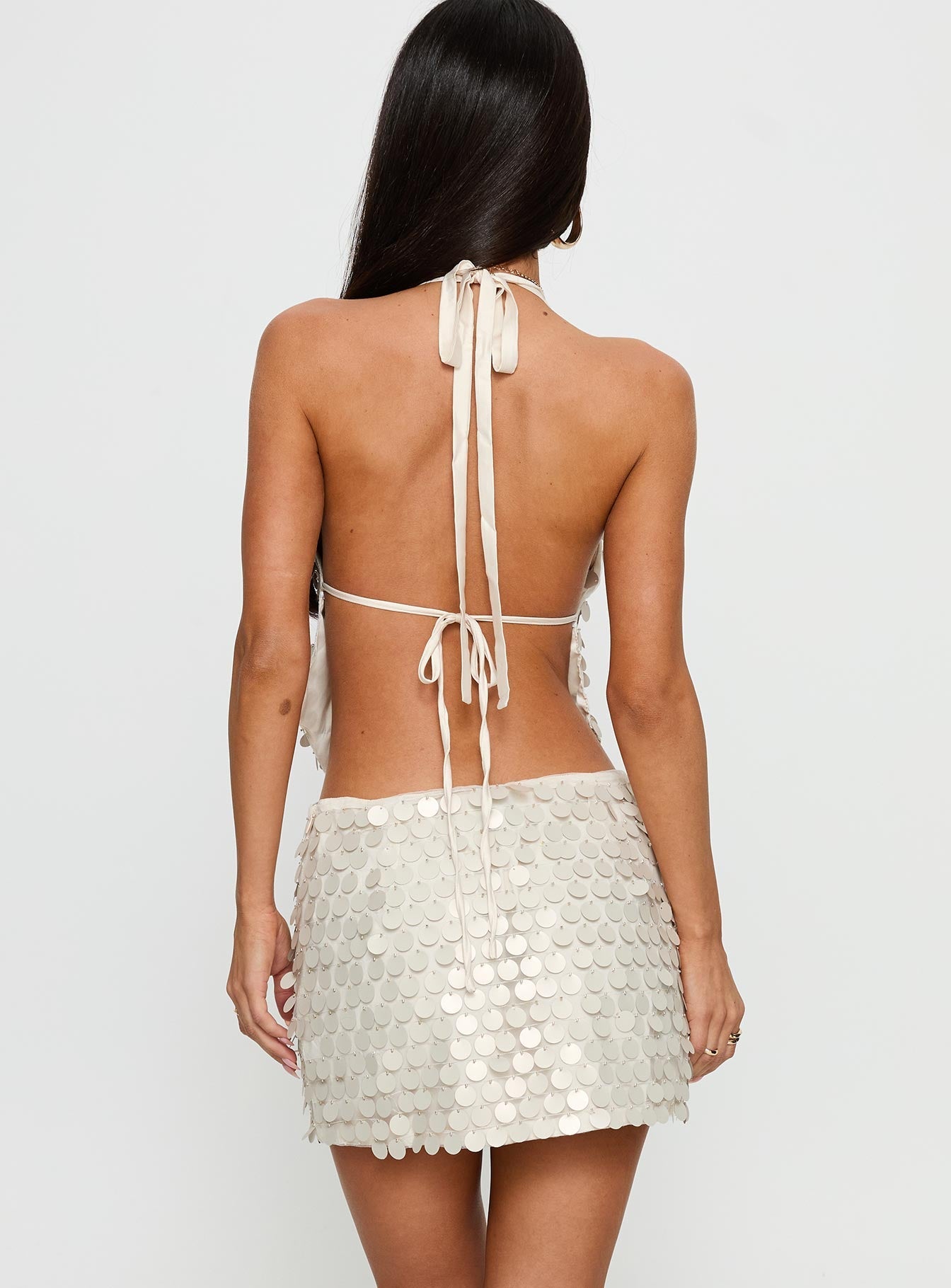 back view of model wearing Princess Polly Brittanie Sequin Mini Skirt Cream Mini Skirts 