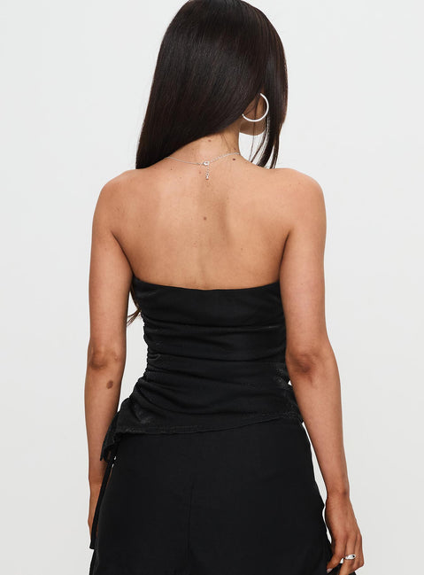 back view of model wearing Princess Polly Monacu Strapless Top Black Shimmer Sleeveless straight 