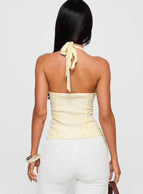back view of model wearing Princess Polly Old Friend Halter Top Yellow Stripe Sleeveless V-Neck 