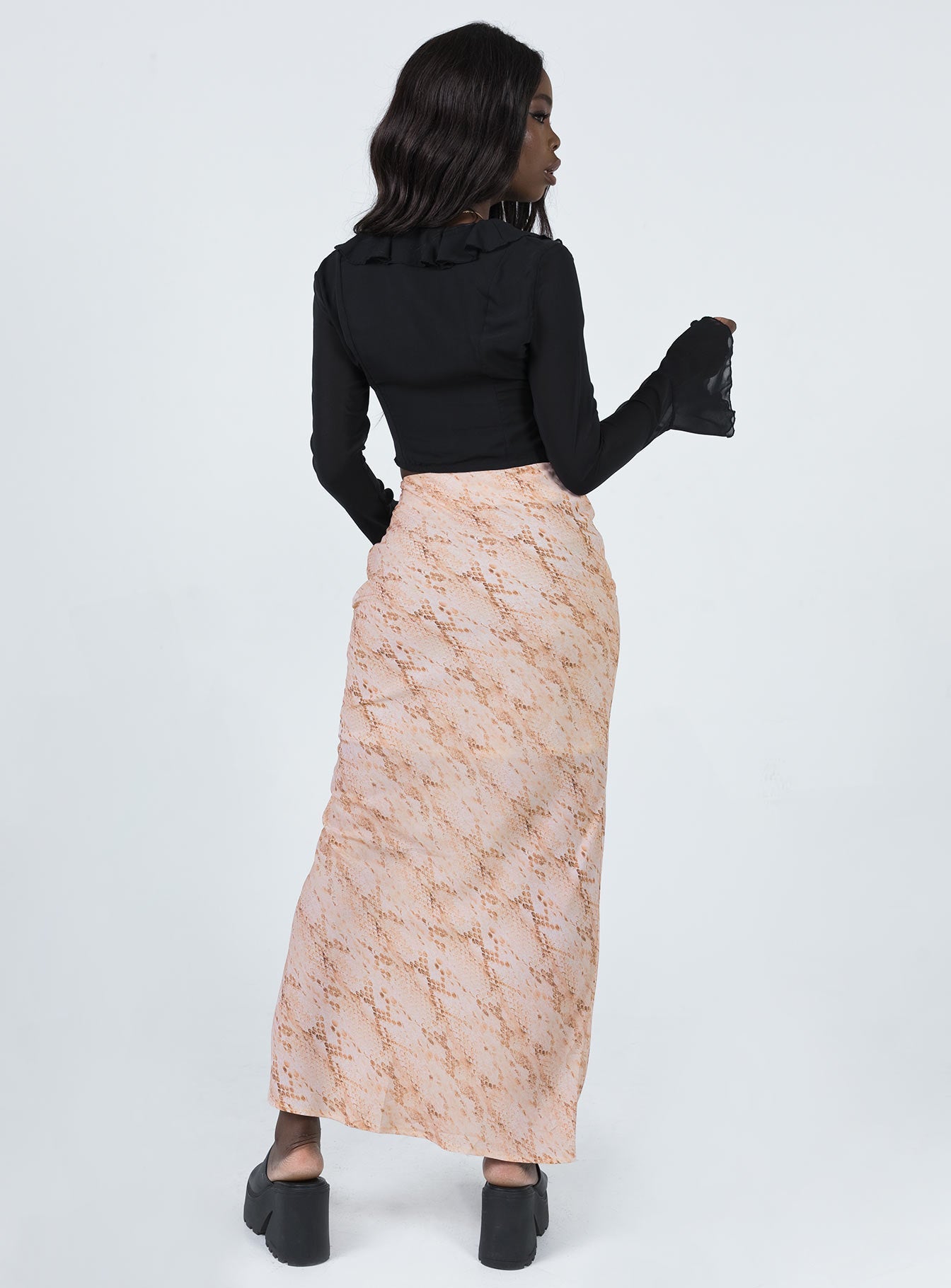 back view of model wearing Princess Polly Rayna Maxi Skirt Snake 