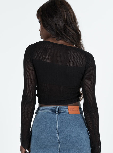 Long sleeve top Knit material  Square neckline Keyhole cut out with tie fastening Good stretch