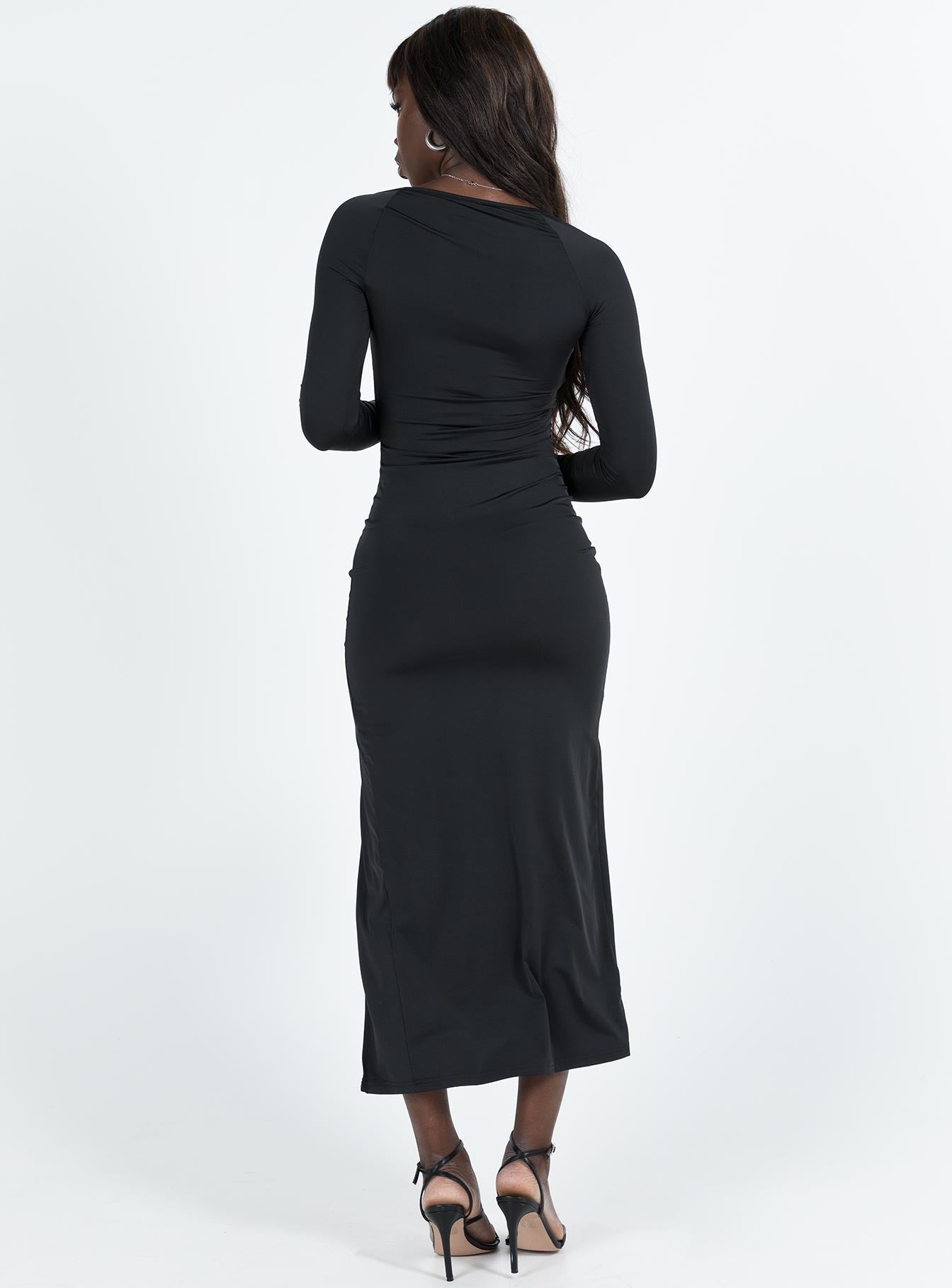 back view of model wearing Princess Polly Hayward Long Sleeve Midi Dress Black Square Neck 