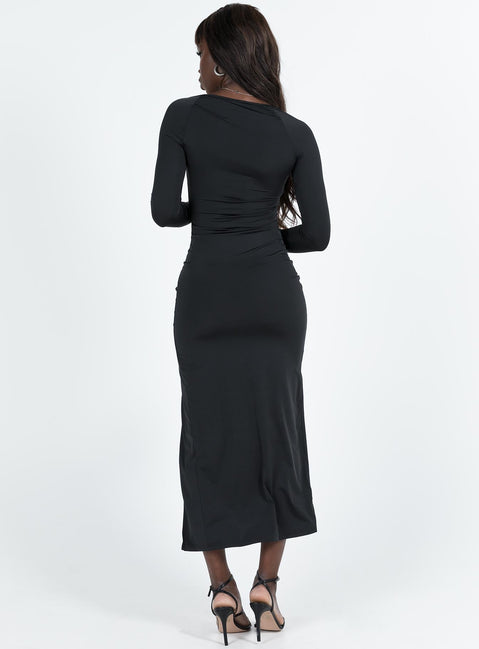 back view of model wearing Princess Polly Hayward Long Sleeve Midi Dress Black Square Neck 