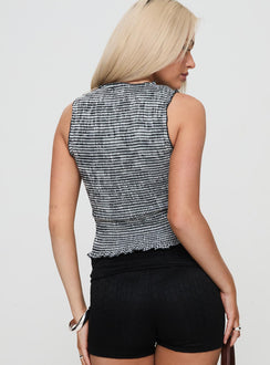 back view of model wearing Princess Polly Plastic Hearts Top Black Sleeveless Crew Neck 