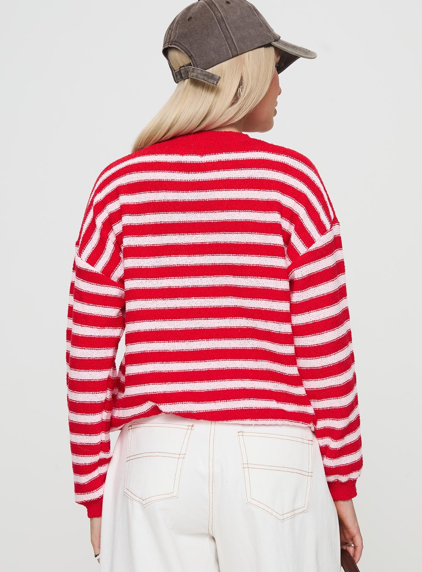 back view of model wearing Princess Polly Freeze Knit Sweater Red Cropped 