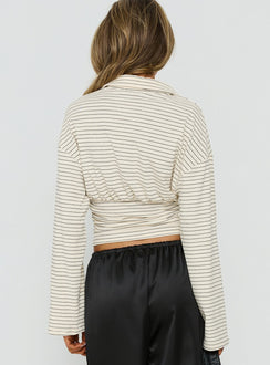 Raezer Cinched Polo Long Sleeve Top Cream Stripe