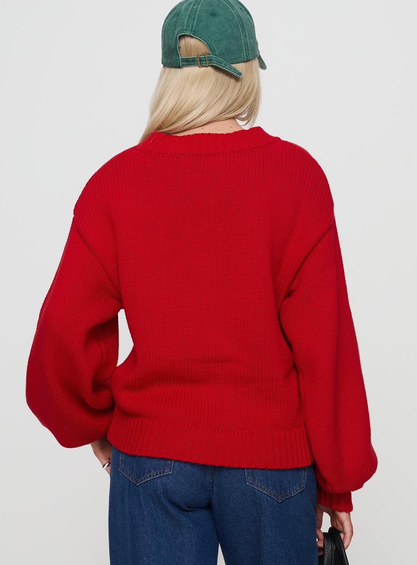 back view of model wearing Princess Polly Harmony Sweater Red 