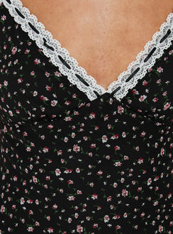 Alasia Lace Trim V Neck Maxi Dress Black Floral