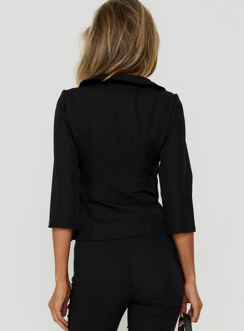 Aaira 3/4 Sleeve Cinched Waist Collared Shirt Black