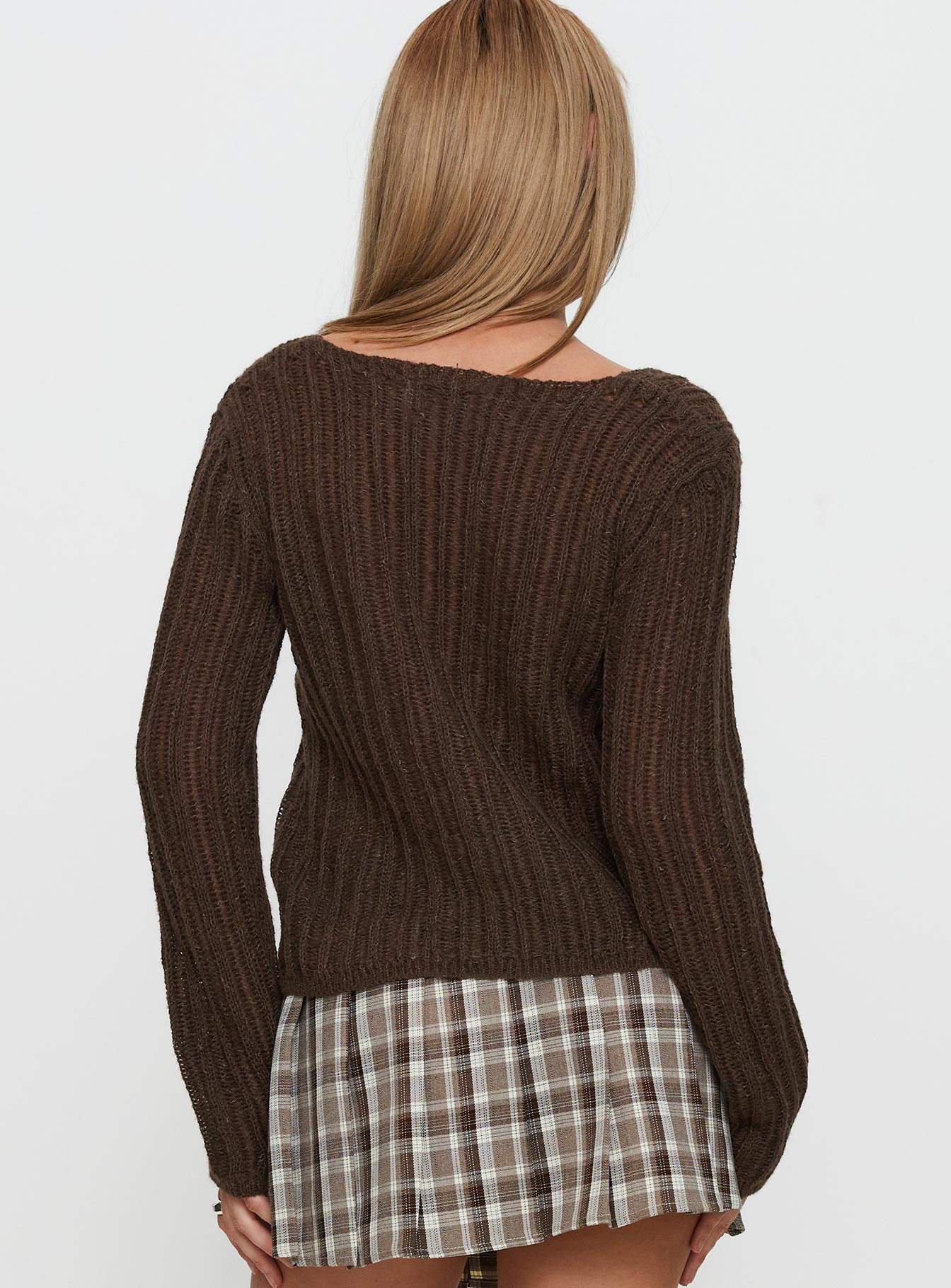 back view of model wearing Princess Polly Lenker Knit Sweater Brown Long 