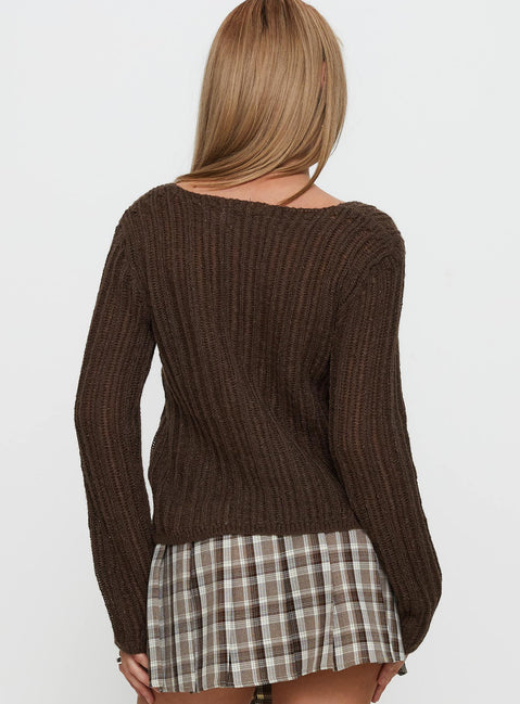 back view of model wearing Princess Polly Lenker Knit Sweater Brown Long 