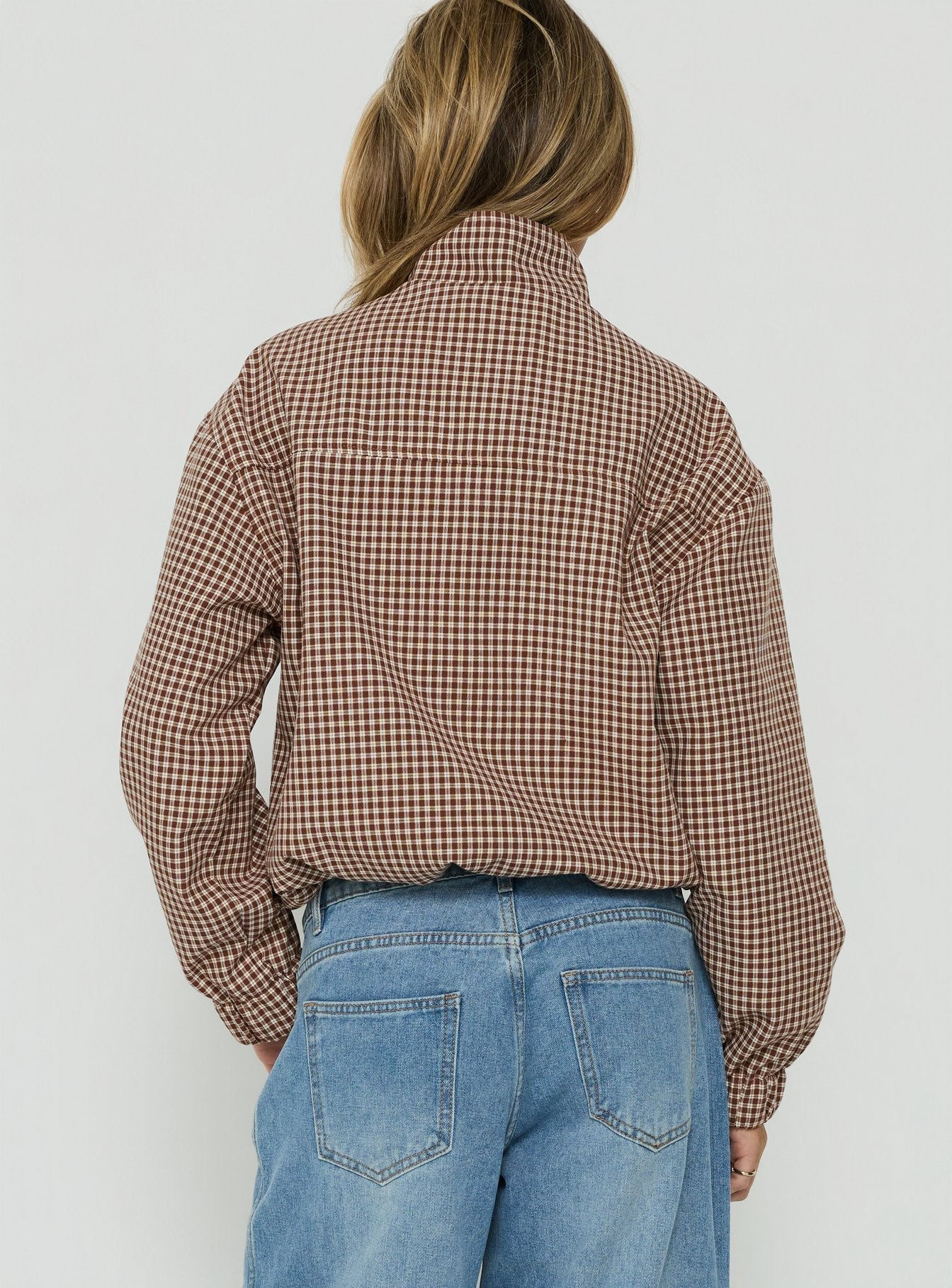 Khodana Funnel Neck Button Down Jacket Micro Brown Check