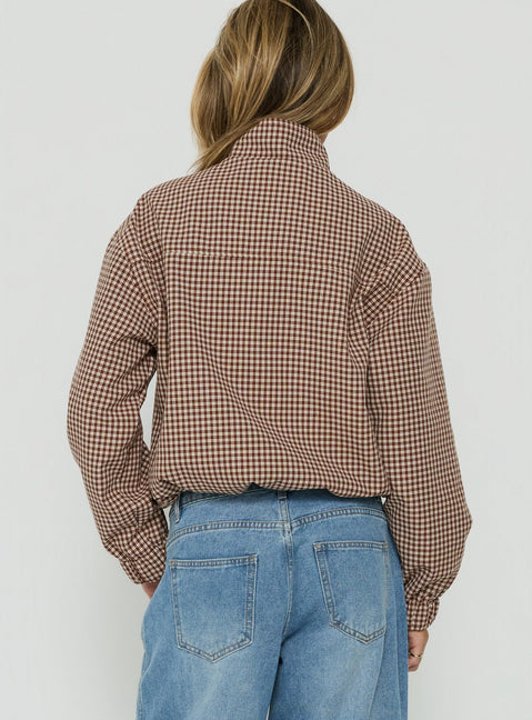 Khodana Funnel Neck Button Down Jacket Micro Brown Check
