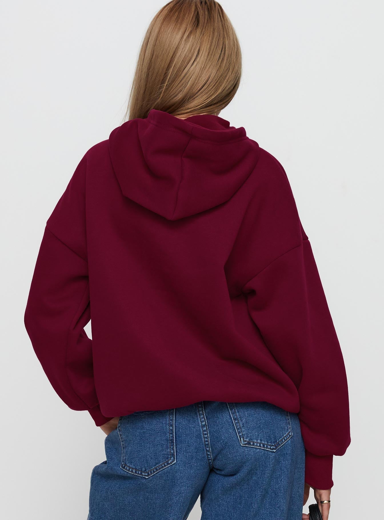 back view of model wearing Princess Polly Princess Polly x Butterfly Foundation Charity Merch Hoody Wine Long 