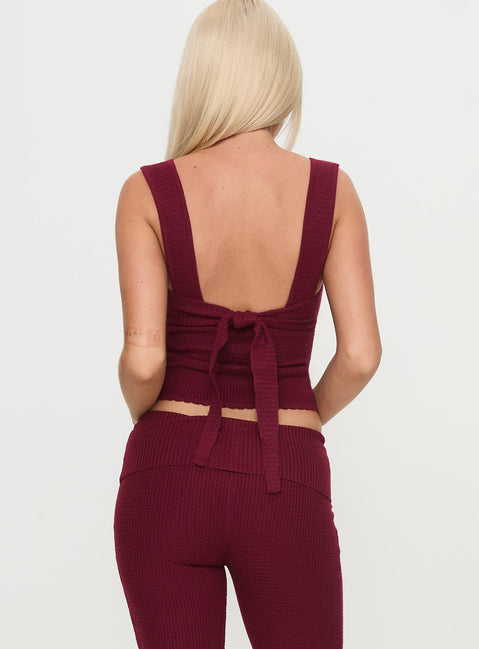 back view of model wearing Princess Polly Mooring Square Neck Top Maroon Sleeveless Square Neck 