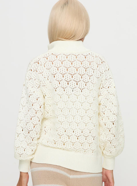 back view of model wearing Princess Polly Sirena Zip Through Knit Sweater Cream 