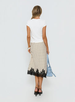 back view of model wearing Princess Polly Downtown Scene Lace Trim Maxi Skirt Cream Polka Midi Skirts 