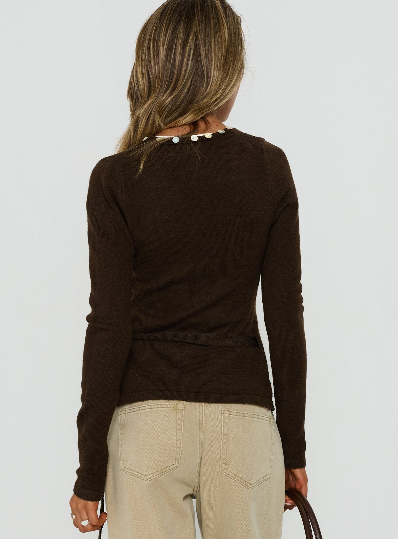 Edella Wrap Knit Button Sweater Brown