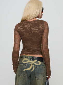 back view of model wearing Princess Polly Pitter Long Sleeve Top Brown Full Sleeves V-Neck 