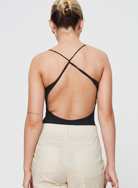 back view of model wearing Princess Polly Wheller Open Back Bodysuit Black Sleeveless Scoop Neck 