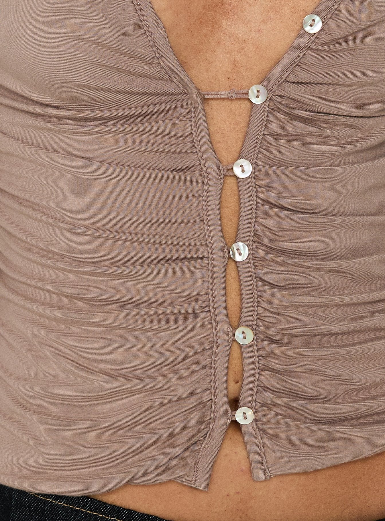 Tamsen Ruched Long Sleeve Button Up Top Taupe