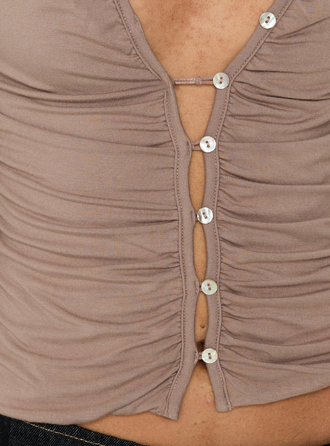 Tamsen Ruched Long Sleeve Button Up Top Taupe