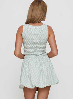 Demure Shirred Bubble Hem Mini Dress Check