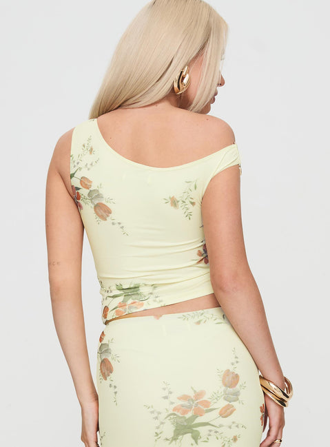 back view of model wearing Princess Polly Rios One Shoulder Top Yellow Floral Sleeveless Asymmetric Neckline 