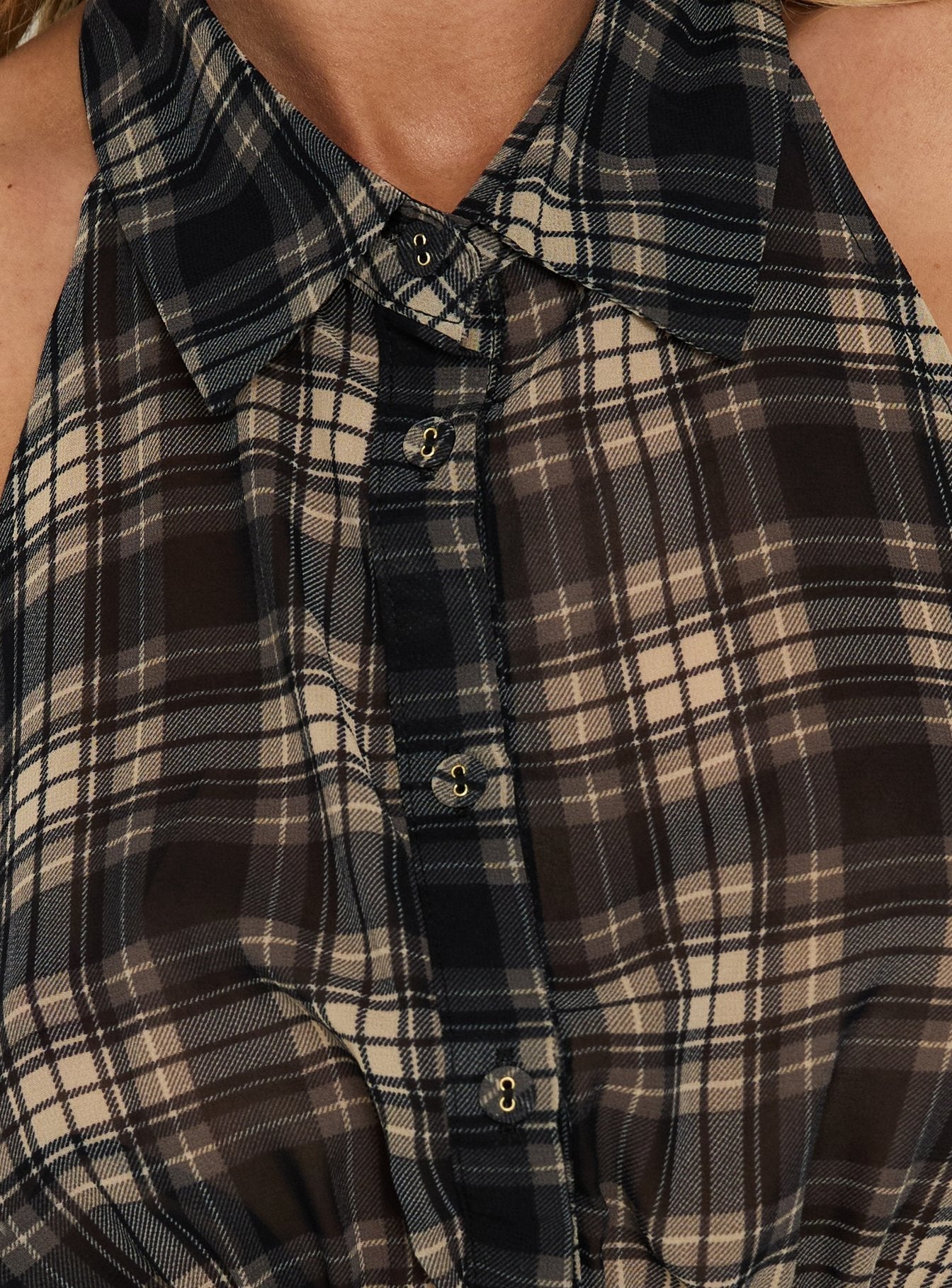 Islaa Shirred Sleeveless Top Check