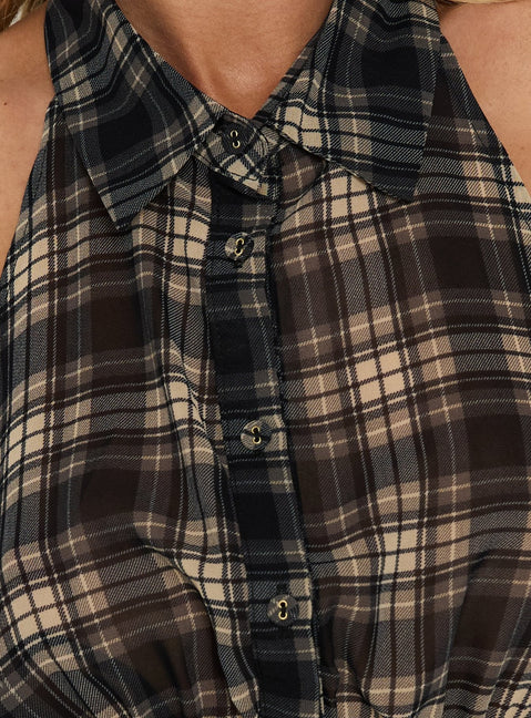 Islaa Shirred Sleeveless Top Check