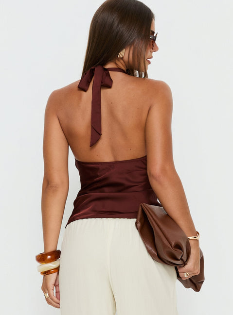 Remarkable Satin Plunge Neck Top Chocolate