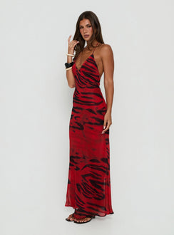 Eloisia T-Back Plunge Maxi Dress Red Animal