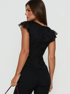 Kaelira Square Neck Frill Short Sleeve Top Black