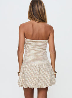 back view of model wearing Princess Polly Abigaille Strapless Bubble Hem Mini Dress Check Straight Neck 