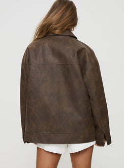 Faux leather jacket Zip front fastening, pointed collar, twin chest & hip pockets, single button on cuff, drop shoulder