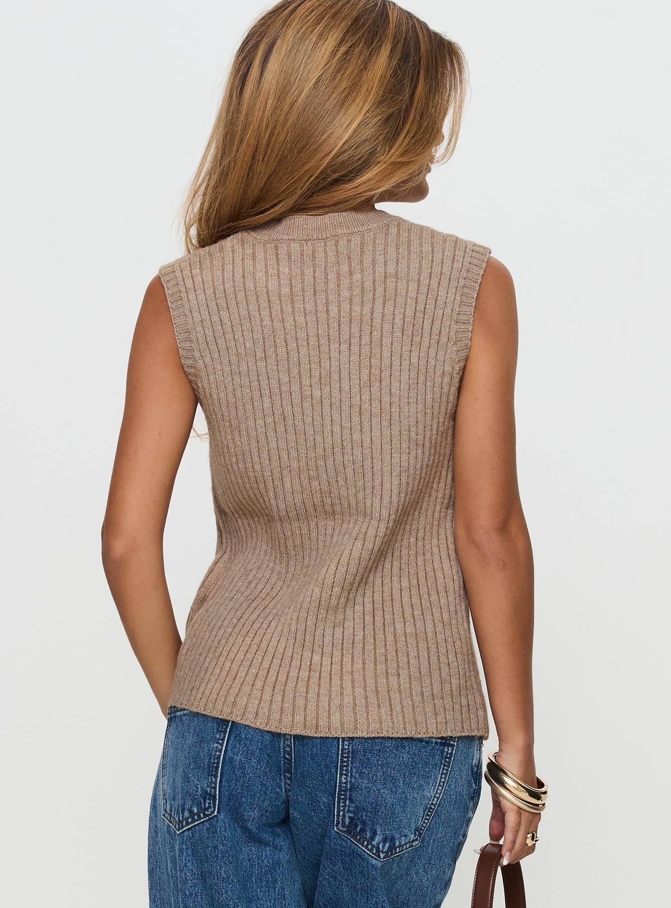 back view of model wearing Princess Polly Jessabell Rib Sleeveless Top Mocha Long 