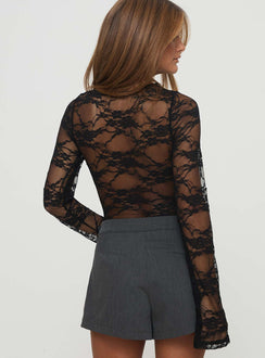 back view of model wearing Princess Polly Feelix Long Sleeve Lace Bodysuit Black Long Sleeve Tops 
