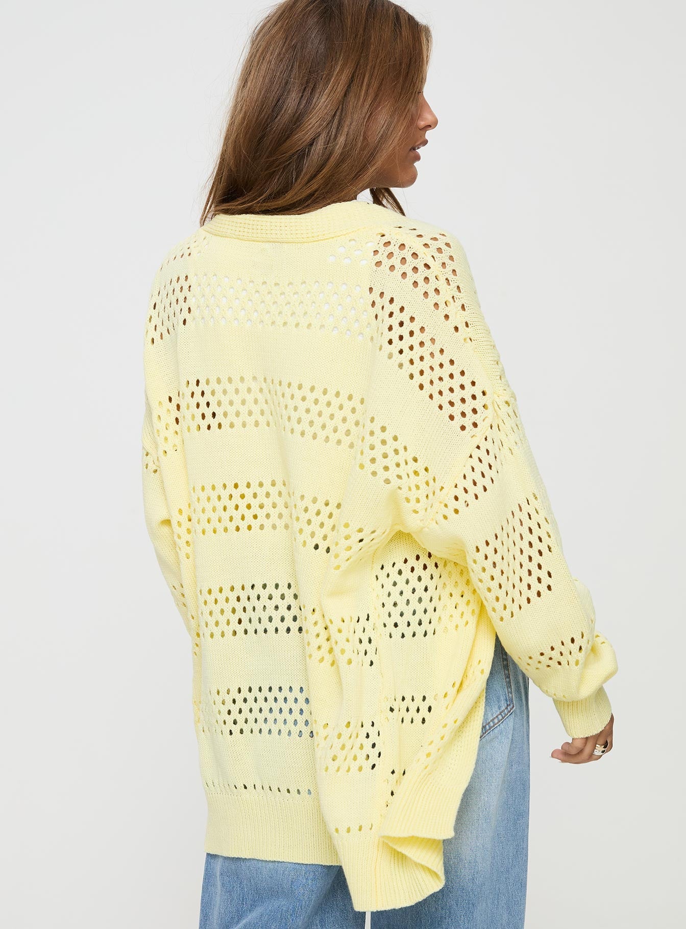 Yellow Knit cardigan Drop shoulder, ribbed cuff & hem