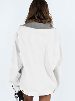 White jacket Classic collar Zip fastening at front Twin hip pockets  Chest pocket Press button fastening at cuff