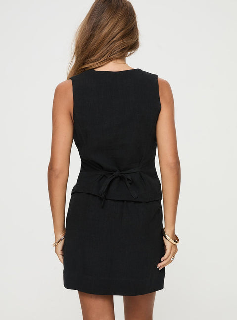 Black Linen mini skirt Relaxed fit, elasticated drawstring waist