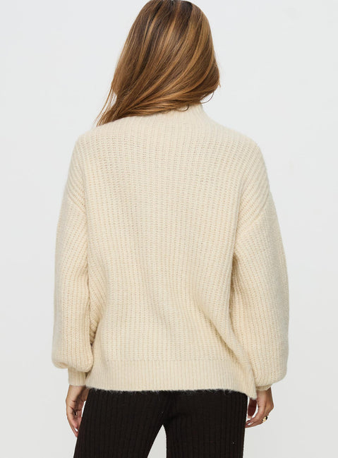 back view of model wearing Princess Polly Wistfully Funnel Neck Knit Sweater Cream Long 