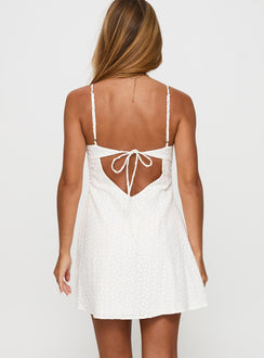 back view of model wearing Princess Polly Dearly Embroidered Mini Dress White Plunger 
